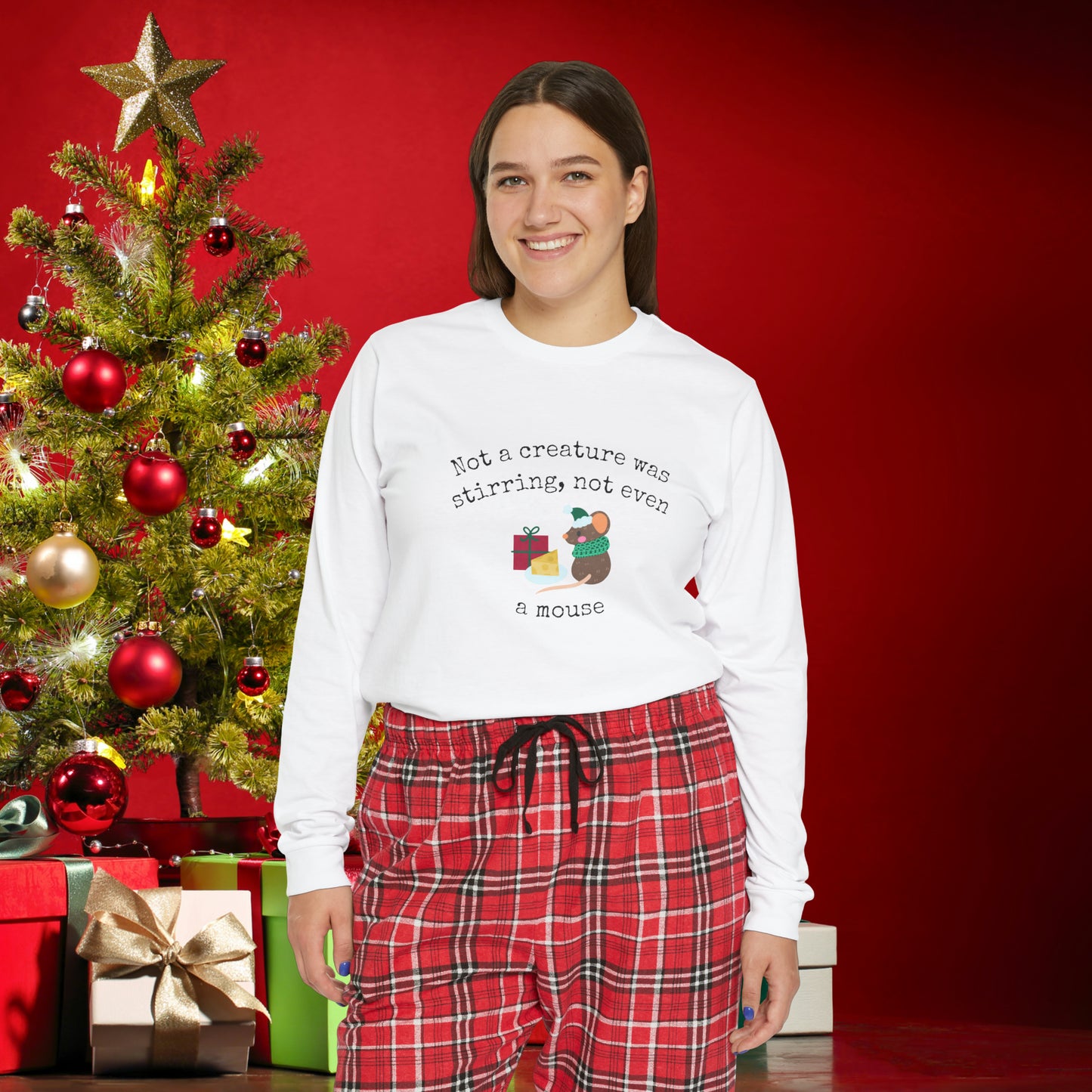 Women's Long Sleeve Pajama Set, Family Christmas Pajamas, Flannel Pants, "Not a creature was stirring, not even a mouse"