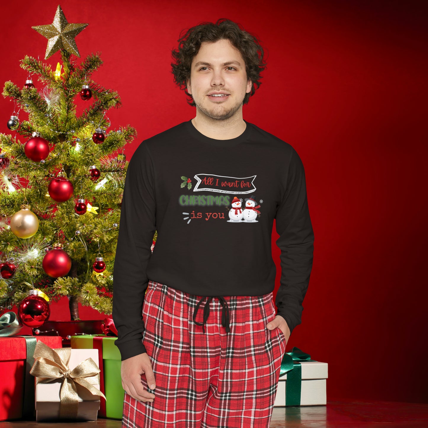 Men's Long Sleeve Pajama Set, Family Christmas Pajamas, Flannel Pants, "All I want for Christmas is you"