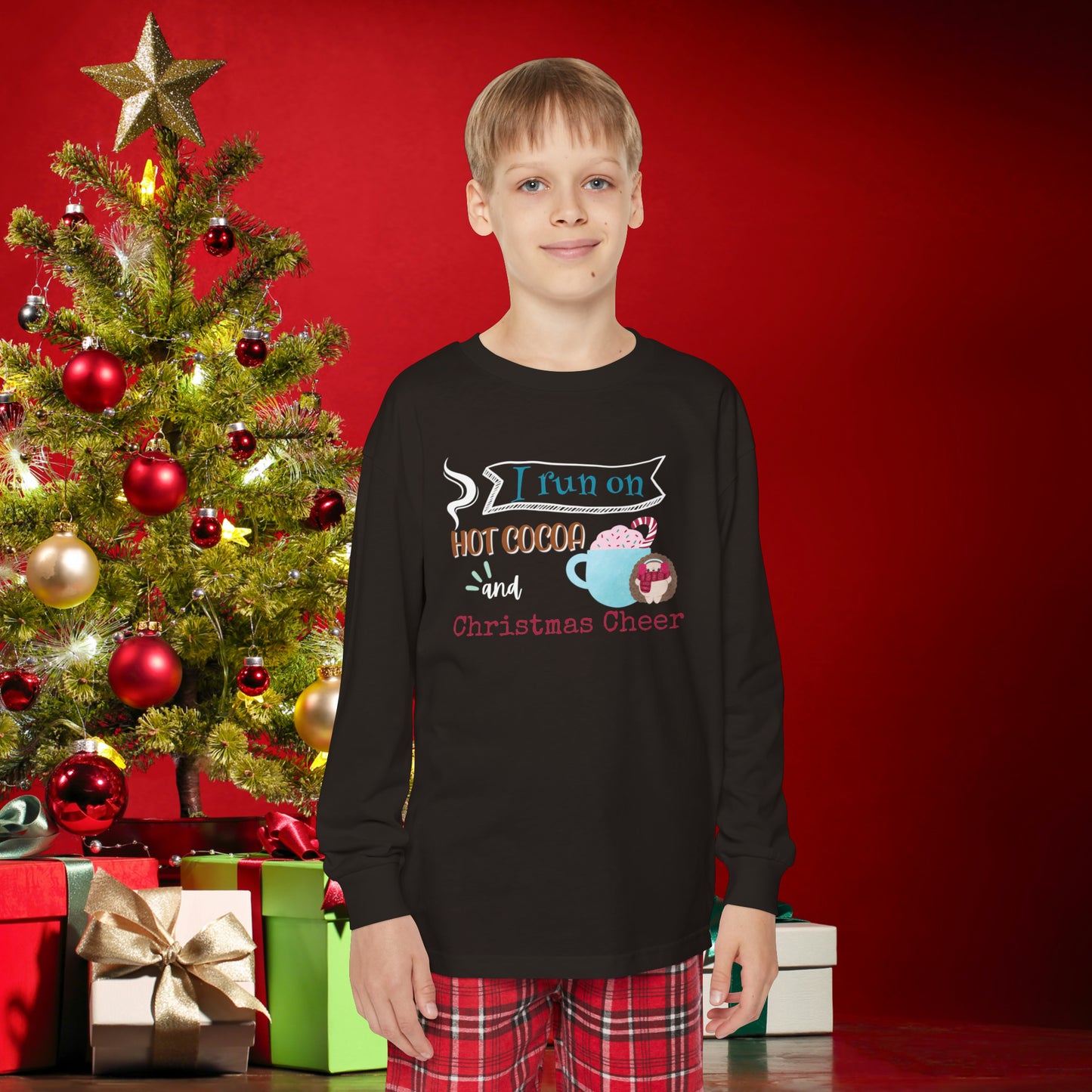 Youth Long Sleeve Holiday Outfit Set, Christmas Pajama Set, "I run on hot cocoa and Christmas Cheer" Shirt and Flannel Pant Set