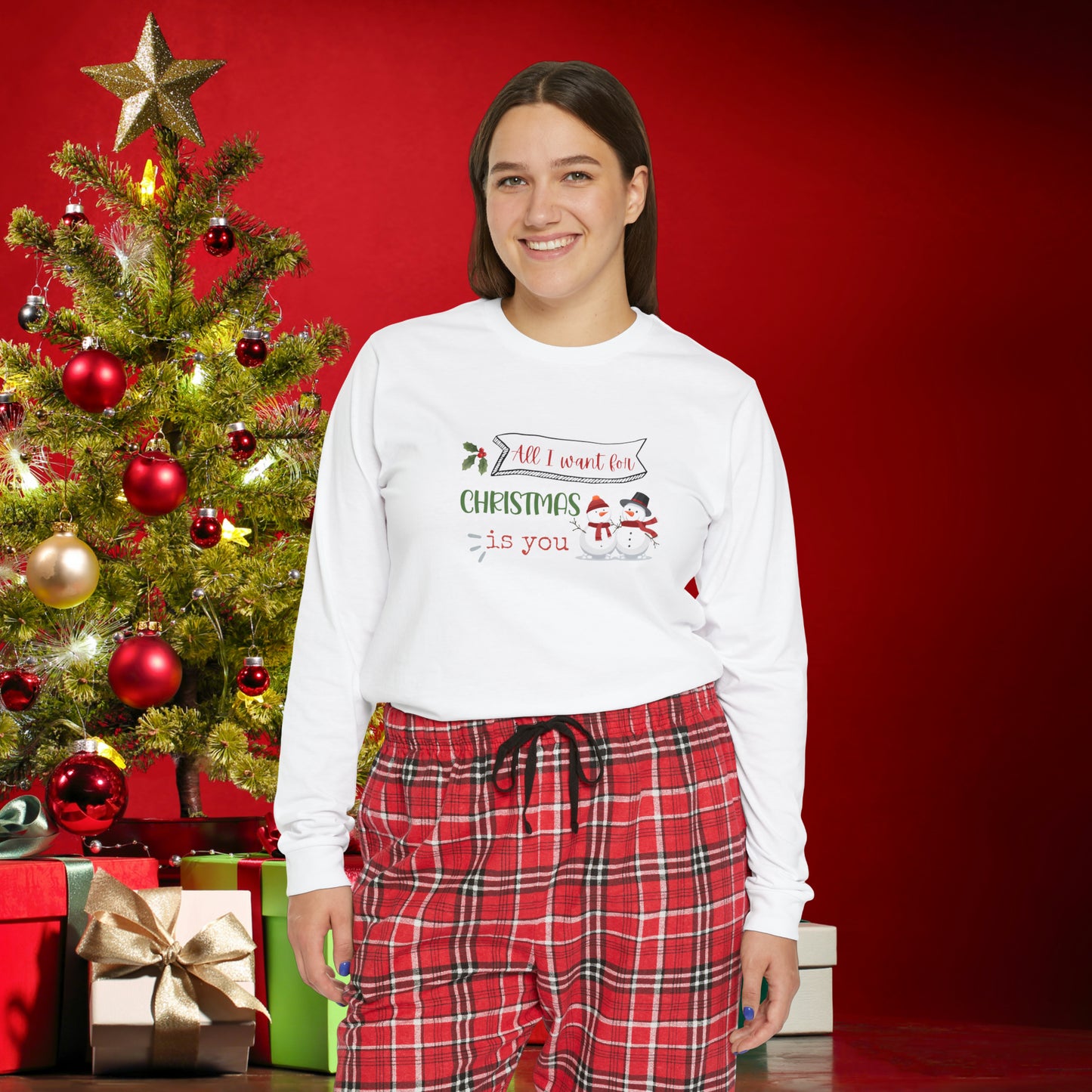 Women's Long Sleeve Pajama Set, Family Christmas Pajama Set, "All I want for Christmas is you", Flannel Pants