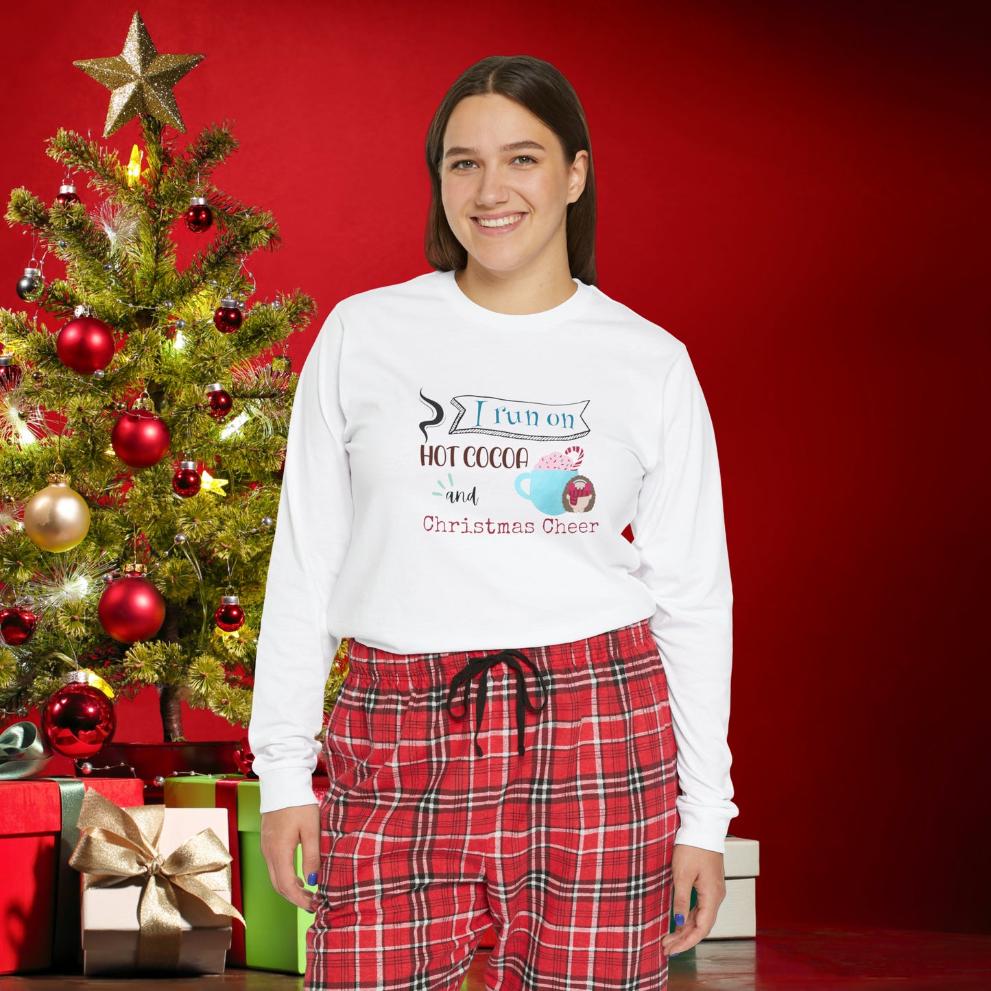 Women's Long Sleeve Pajama Set, Family Christmas Pajamas, "I run on hot cocoa and Christmas cheer"
