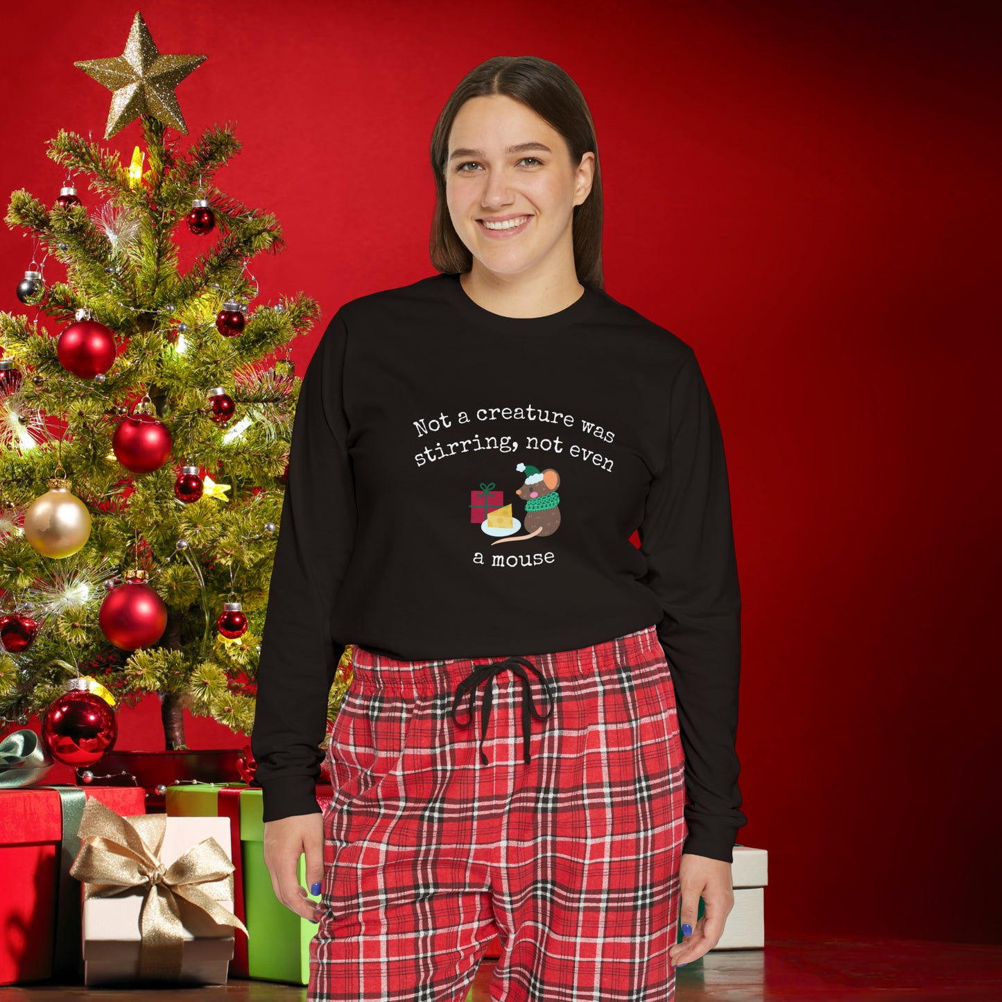 Women's Long Sleeve Pajama Set, Family Christmas Pajamas, Flannel Pants, "Not a creature was stirring, not even a mouse"