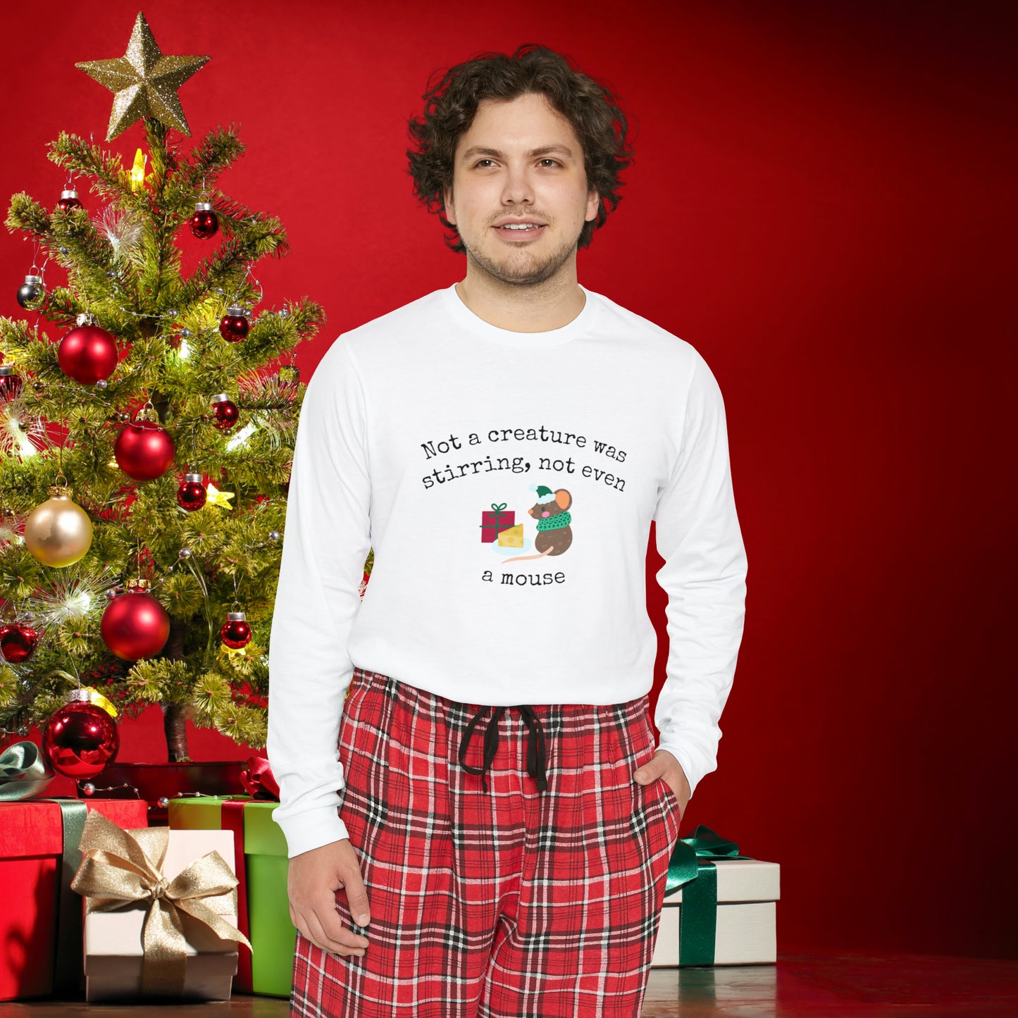 Men's Long Sleeve Pajama Set, Family Christmas Matching Pajamas, "Not a creature was stirring, not even a mouse", Flannel Pants