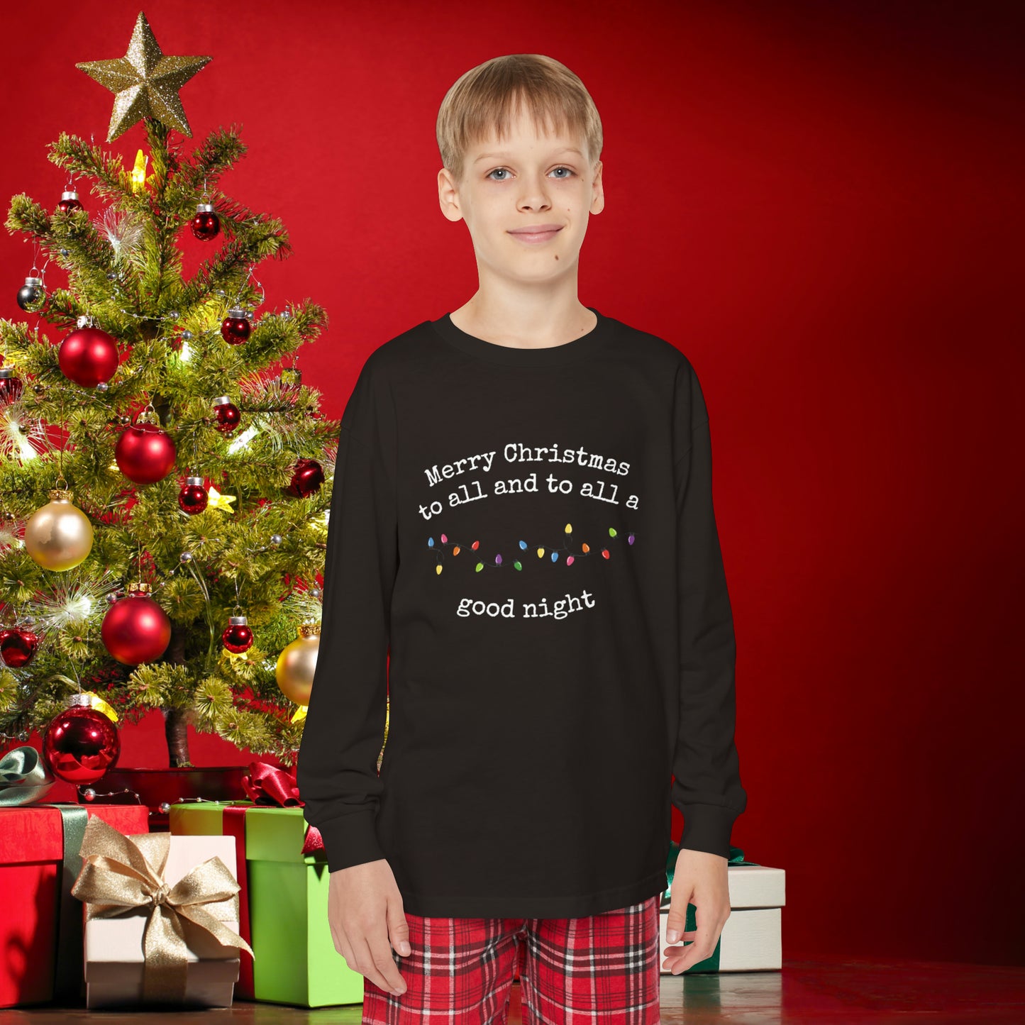 Youth Long Sleeve Holiday Outfit Set, Family Christmas Pajama Set, "Merry Christmas to all and to all a good night" Shirt and Flannel Pant Set