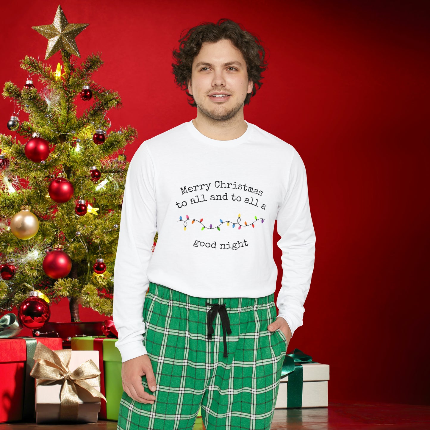 Men's Long Sleeve Pajama Set, Family Christmas Matching Pajamas, Flannel Pants, "Merry Christmas to all and to all a good night"