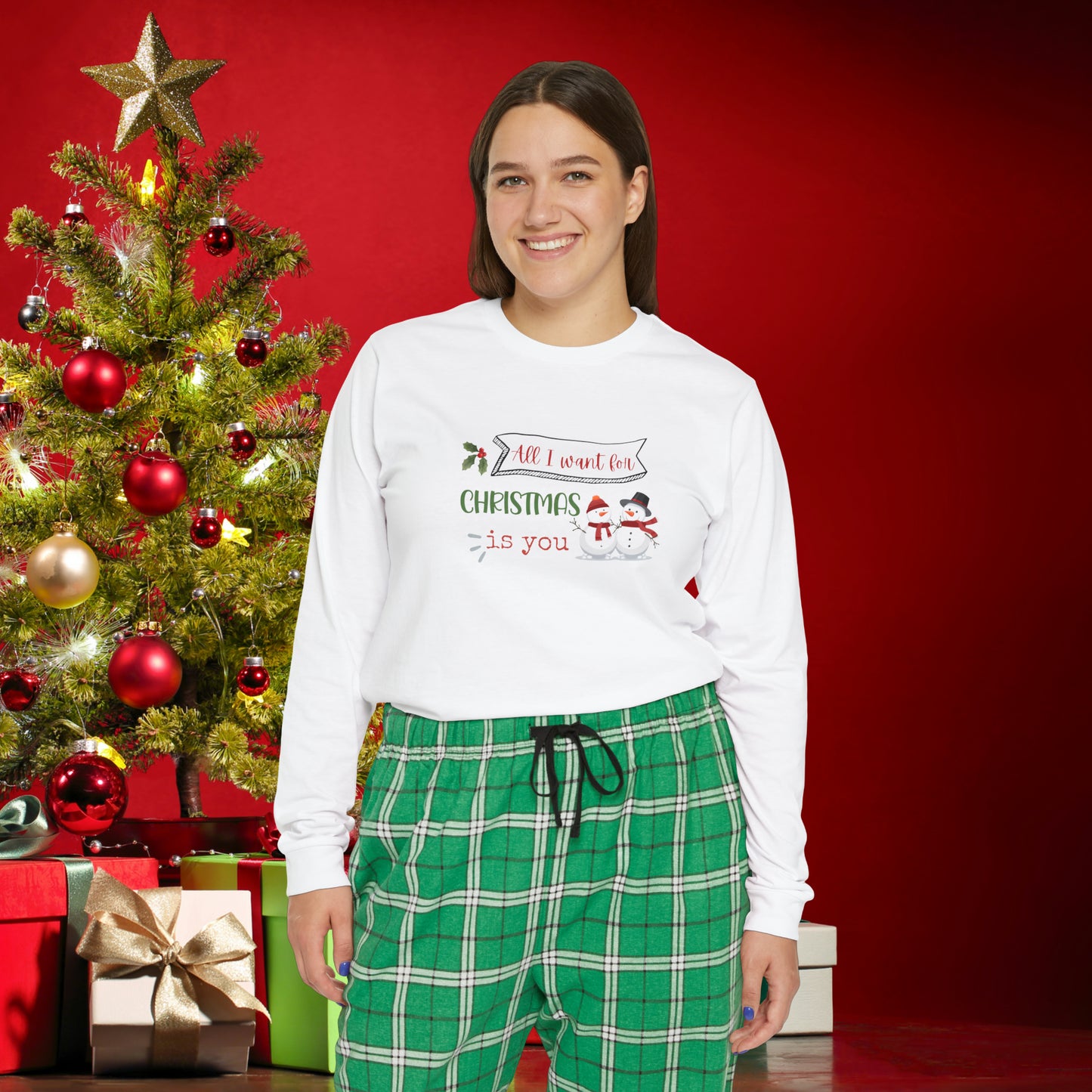 Women's Long Sleeve Pajama Set, Family Christmas Pajama Set, "All I want for Christmas is you", Flannel Pants