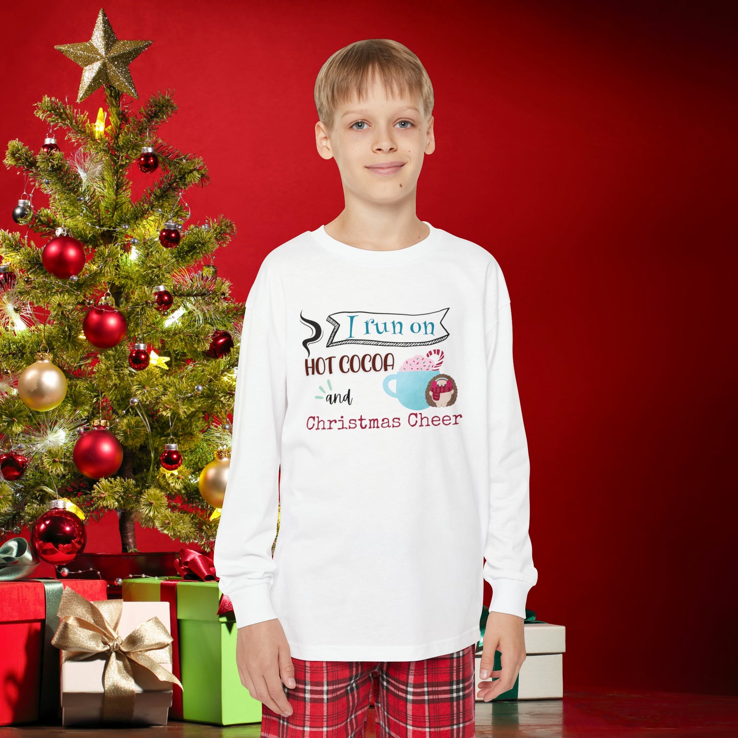 Youth Long Sleeve Holiday Outfit Set, Christmas Pajama Set, "I run on hot cocoa and Christmas Cheer" Shirt and Flannel Pant Set