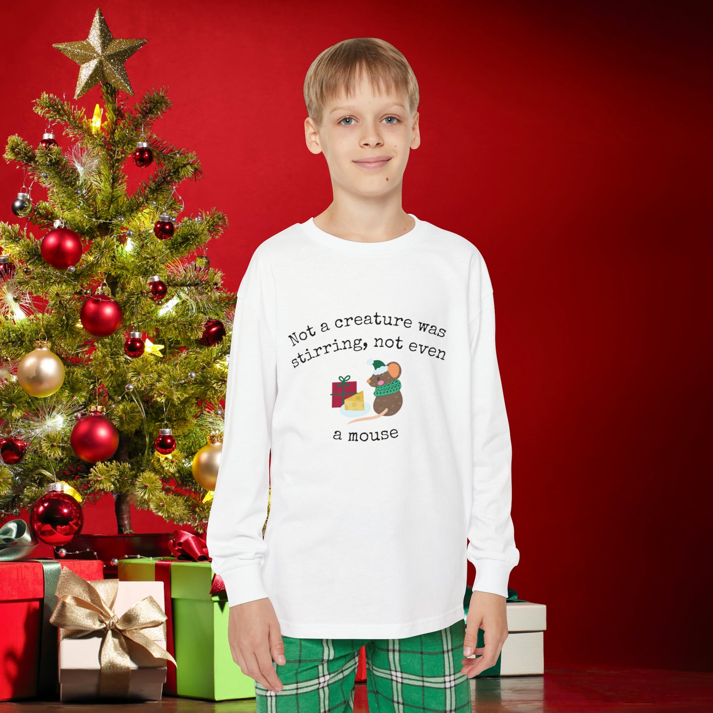 Youth Long Sleeve Holiday Outfit Set, Family Christmas Pajama Set, "Not a creature was stirring, not even a mouse" Shirt and Flannel Pant Set