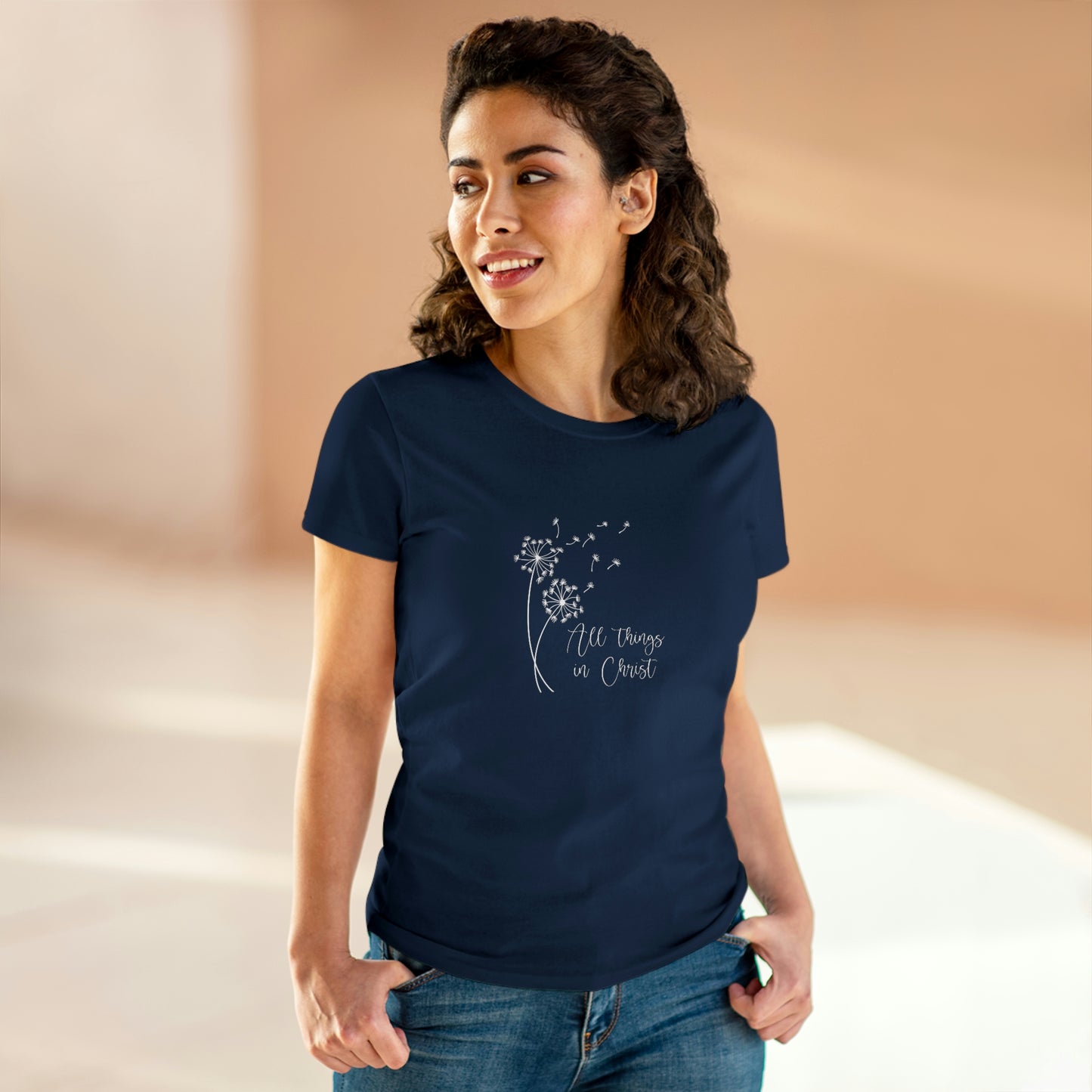 Women's Midweight Cotton Tee, All Things In Christ Shirt, Dandelion, Phil 4:13, Youth Theme 2023