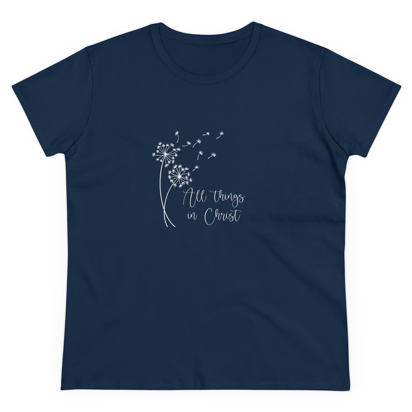 Women's Midweight Cotton Tee, All Things In Christ Shirt, Dandelion, Phil 4:13, Youth Theme 2023