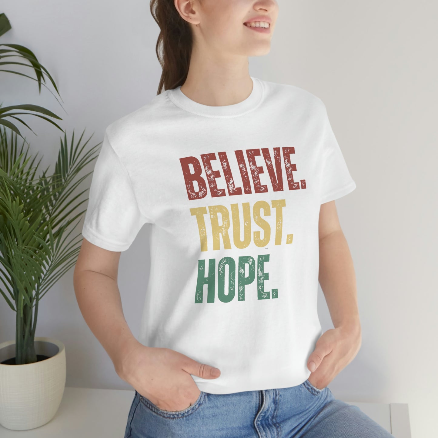 Unisex Jersey Short Sleeve Tee, Believe, Trust, Hope T-Shirt, LDS Youth, Relief Society, Retro t-shirt